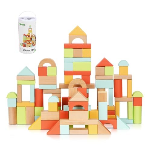 100pcs Building Blocks for Toddlers 1-3, Wooden Blocks for Kids with Storage Bucket and Shape Sorter Lid, Montessori Toys for 1 2 3 Year Old, Learning Toys for Preschool Girls and Boys