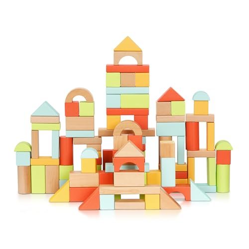 100pcs Building Blocks for Toddlers 1-3, Wooden Blocks for Kids with Storage Bucket and Shape Sorter Lid, Montessori Toys for 1 2 3 Year Old, Learning Toys for Preschool Girls and Boys