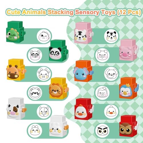 12 PCS Stacking Toys Set for Toddlers 1 2 3 4 Years Old Boys Girls Preschool Sensory Block Toys Pressable Animals Stacking Blocks with Cute Expressions Fun Christmas Birthday Gifts for Kids Ages 1+
