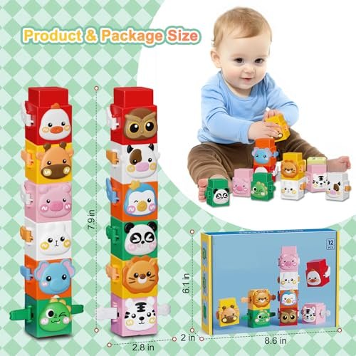 12 PCS Stacking Toys Set for Toddlers 1 2 3 4 Years Old Boys Girls Preschool Sensory Block Toys Pressable Animals Stacking Blocks with Cute Expressions Fun Christmas Birthday Gifts for Kids Ages 1+