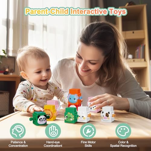 12 PCS Stacking Toys Set for Toddlers 1 2 3 4 Years Old Boys Girls Preschool Sensory Block Toys Pressable Animals Stacking Blocks with Cute Expressions Fun Christmas Birthday Gifts for Kids Ages 1+