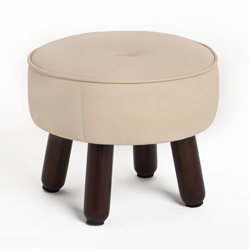 13in Small Foot Stool Ottoman, Round Faux Leather Foot Rest for Couch, Under Desk Pouf Footstool Footrest with Non-Skid Rubber Legs for Ling Room, Bedroom, 13''L x 13''W x 10.2''H, Beige