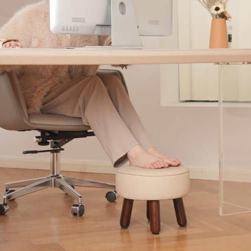 13in Small Foot Stool Ottoman, Round Faux Leather Foot Rest for Couch, Under Desk Pouf Footstool Footrest with Non-Skid Rubber Legs for Ling Room, Bedroom, 13''L x 13''W x 10.2''H, Beige