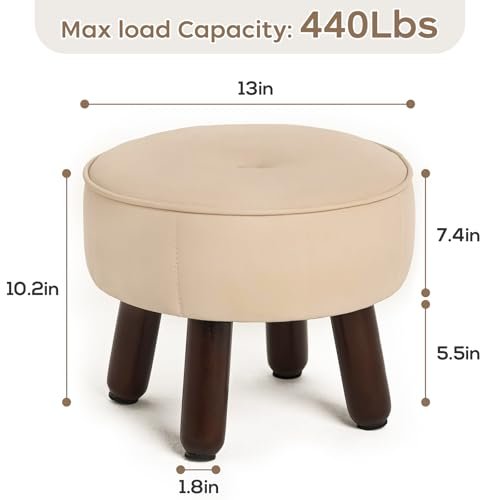 13in Small Foot Stool Ottoman, Round Faux Leather Foot Rest for Couch, Under Desk Pouf Footstool Footrest with Non-Skid Rubber Legs for Ling Room, Bedroom, 13''L x 13''W x 10.2''H, Beige
