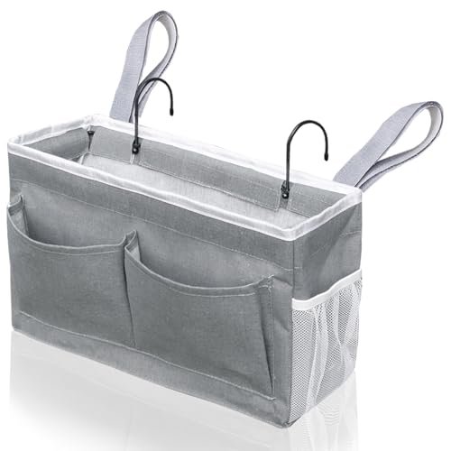 1pcs Bedside Caddy, 14.6'' Large Storage Organizer, Hanging Bag Holder with Pockets for Bedroom, Loft Bed Tent, Top Bunk bed Shelf Accessories (Grey)