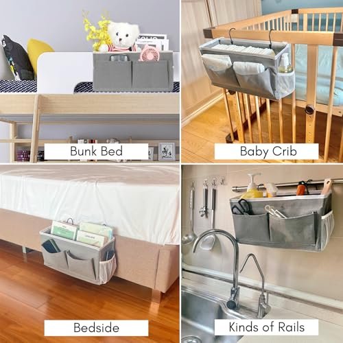 1pcs Bedside Caddy, 14.6'' Large Storage Organizer, Hanging Bag Holder with Pockets for Bedroom, Loft Bed Tent, Top Bunk bed Shelf Accessories (Grey)