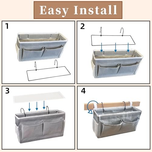 1pcs Bedside Caddy, 14.6'' Large Storage Organizer, Hanging Bag Holder with Pockets for Bedroom, Loft Bed Tent, Top Bunk bed Shelf Accessories (Grey)