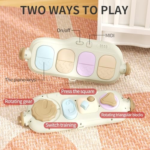 2 in 1 Baby Gym with Walker,Baby Play Mat with 4 Infant Learning Sensory,Double-Sided Multifunctional Removable Play Piano Panel,Sit-to-Stand Learning Walker for 0-24 Months Boy Girl [White]