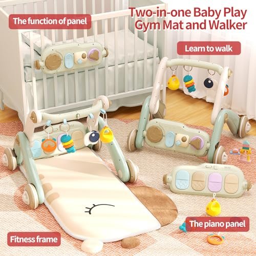 2 in 1 Baby Gym with Walker,Baby Play Mat with 4 Infant Learning Sensory,Double-Sided Multifunctional Removable Play Piano Panel,Sit-to-Stand Learning Walker for 0-24 Months Boy Girl [White]