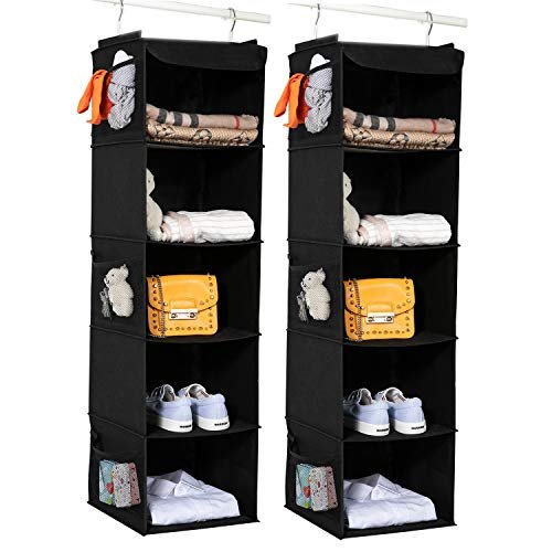 2 Pack Hanging Closet Organizer, 5 Shelves Hanging Storage with 6 Side Pockets for Clothes Shoes, 43"x12"x12"(Black)