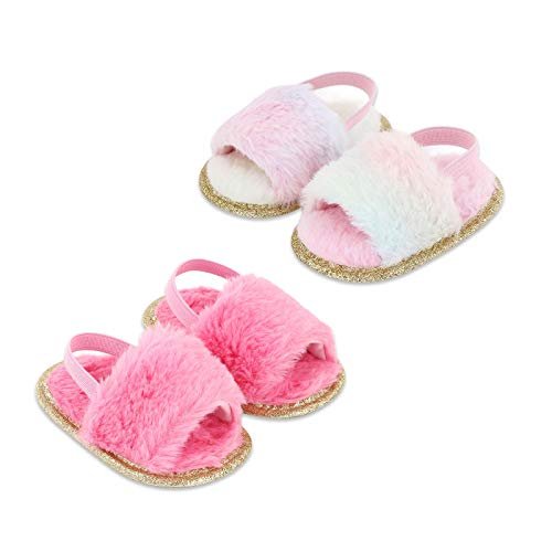 2 Pack Infant Baby Girls Sandals Elastic Back Strap Flats Slippers Soft Toddles Princess Shoes Faux Fur Slides Shoes First Walker House Shoes