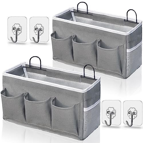 2pcs 3-pockets Large Wall Hanging Organizer Bag, Linen Fabric Door Hanging Storage Baskets with Pockets, Waterproof Bin for Kitchen, Bedroom, Office, RV Camper (Gray_2pcs)