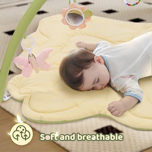2PM SPORTS Green Butterfly Theme Baby Play Mat, Tummy Time Mat for Infant Newborn, Baby Play Gym Mat for Girl 0-6 6-12 Months, Activity Gym 5 Detachable Toys for Motor Skills & Sensory Development