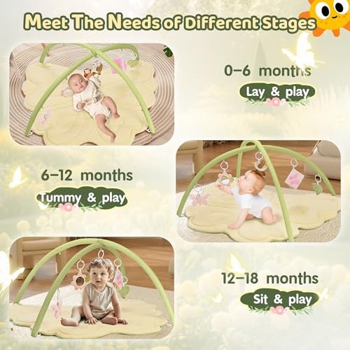 2PM SPORTS Green Butterfly Theme Baby Play Mat, Tummy Time Mat for Infant Newborn, Baby Play Gym Mat for Girl 0-6 6-12 Months, Activity Gym 5 Detachable Toys for Motor Skills & Sensory Development