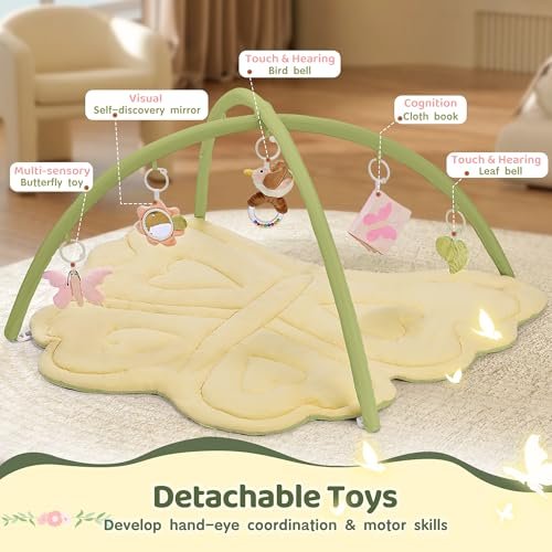2PM SPORTS Green Butterfly Theme Baby Play Mat, Tummy Time Mat for Infant Newborn, Baby Play Gym Mat for Girl 0-6 6-12 Months, Activity Gym 5 Detachable Toys for Motor Skills & Sensory Development