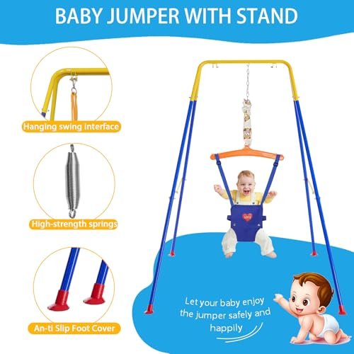 3 in 1 Toddler Swing & Jumper, Baby Swing & Bouncer for Outdoor Indoor Play, Baby Bouncer Jumper with Safety Seat, Foldable Metal Stand (Swing & Jumper Set)
