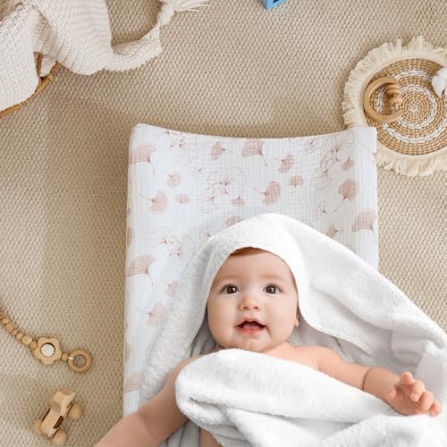 3 Pack Muslin Changing Pad Cover for Baby Girls Boys - Ultra Soft Changing Table Cover Diaper Changing Pad Sheets, 100% Cotton(Ginkgo, Beige, Brick Red)