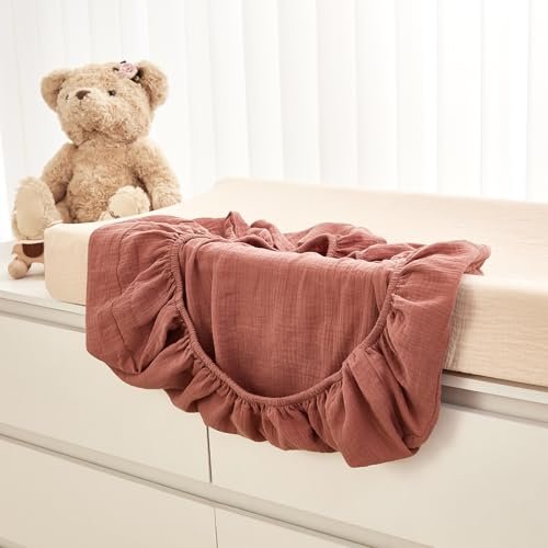 3 Pack Muslin Changing Pad Cover for Baby Girls Boys - Ultra Soft Changing Table Cover Diaper Changing Pad Sheets, 100% Cotton(Ginkgo, Beige, Brick Red)