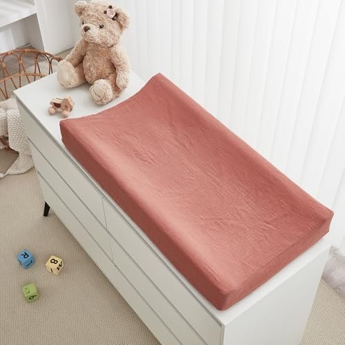3 Pack Muslin Changing Pad Cover for Baby Girls Boys - Ultra Soft Changing Table Cover Diaper Changing Pad Sheets, 100% Cotton(Ginkgo, Beige, Brick Red)