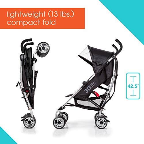3Dlite Convenience Stroller, Black – Lightweight, with Aluminum Frame, Large Seat Area, Mesh Siding, 4 Position Recline, Extra Large Storage Basket – for Travel