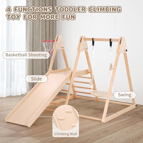 4 in 1 Indoor Jungle Gym, Wooden Baby Toddler Climbing Toys Montessori Climber Playset for Kids, Indoor Playground with Slide, Swing, Climbing Wall & Basketball