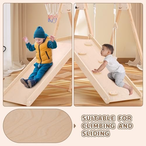 4 in 1 Indoor Jungle Gym, Wooden Baby Toddler Climbing Toys Montessori Climber Playset for Kids, Indoor Playground with Slide, Swing, Climbing Wall & Basketball