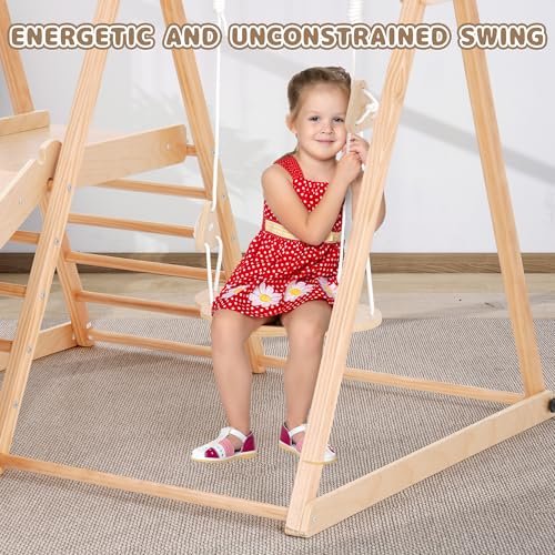 4 in 1 Indoor Jungle Gym, Wooden Baby Toddler Climbing Toys Montessori Climber Playset for Kids, Indoor Playground with Slide, Swing, Climbing Wall & Basketball