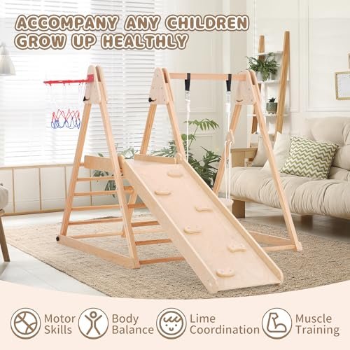 4 in 1 Indoor Jungle Gym, Wooden Baby Toddler Climbing Toys Montessori Climber Playset for Kids, Indoor Playground with Slide, Swing, Climbing Wall & Basketball