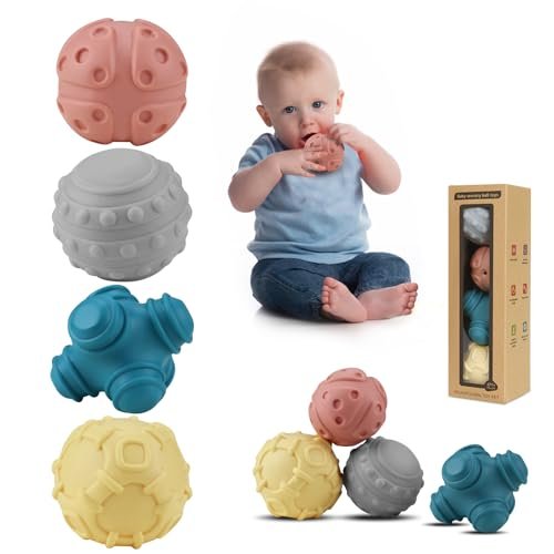 4 Pack Sensory Balls for Baby,Baby Balls Easy Grape Soft Textured Ball Set,Infant Squeeze Sensory Toys,Sensory Exploration Toys Gift for 6-12 Months