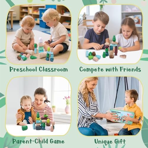 40 PCS Wooden Stacking Rocks Building Blocks Forest Theme, Sensory Learning Montessori Toys for 3 4 5 Year Old Kids, Preschool Educational STEM Toys Toddler Games Birthday Gifts for Girls Boys