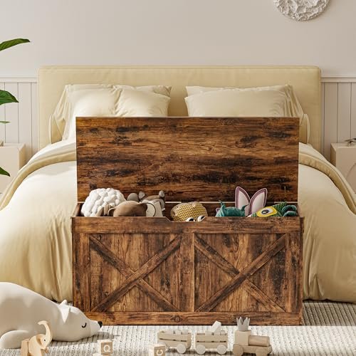 41.3" Storage Chest, Large Wooden Storage Bench with Lift Top, Storage Trunk with 2 Safety Hinges, Multifunctional Entryway Organizer Toy Chest for Living Room, Bedroom, Rustic Brown