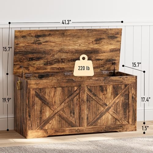 41.3" Storage Chest, Large Wooden Storage Bench with Lift Top, Storage Trunk with 2 Safety Hinges, Multifunctional Entryway Organizer Toy Chest for Living Room, Bedroom, Rustic Brown