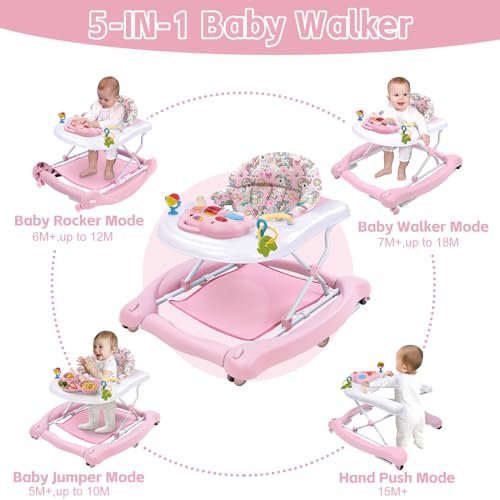 5 in 1 Foldable Baby Walker, Activity Baby Walker-Baby Bouncer, Rocker, Activity Center,Seat and Push Walker,Detachable Trampoline Mat, Adjustable Speed Rear Wheels and Height,Ages 6-18 Months(Pink)