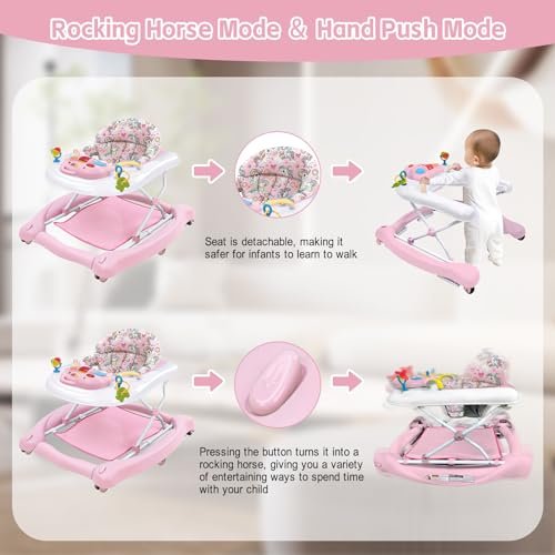 5 in 1 Foldable Baby Walker, Activity Baby Walker-Baby Bouncer, Rocker, Activity Center,Seat and Push Walker,Detachable Trampoline Mat, Adjustable Speed Rear Wheels and Height,Ages 6-18 Months(Pink)