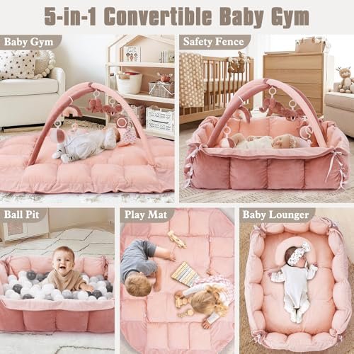 5-in-1 Plush Baby Play Gym, Baby Play Mats, Convertible Baby Gym with Pillow, Tummy time mat, 6 Sensory Toys, Baby Activity Center from Newborn to Toddler, Pet Bed, Cat & Dog Bed, Ball Pit, Pink