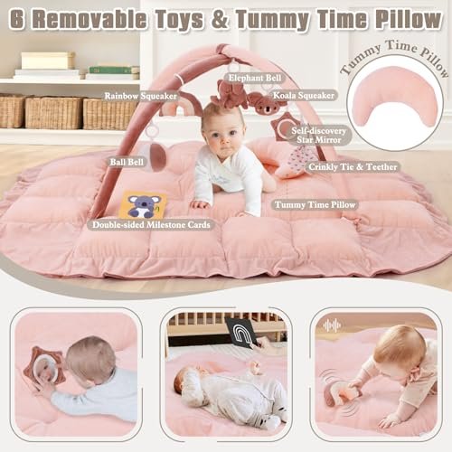 5-in-1 Plush Baby Play Gym, Baby Play Mats, Convertible Baby Gym with Pillow, Tummy time mat, 6 Sensory Toys, Baby Activity Center from Newborn to Toddler, Pet Bed, Cat & Dog Bed, Ball Pit, Pink