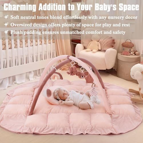 5-in-1 Plush Baby Play Gym, Baby Play Mats, Convertible Baby Gym with Pillow, Tummy time mat, 6 Sensory Toys, Baby Activity Center from Newborn to Toddler, Pet Bed, Cat & Dog Bed, Ball Pit, Pink