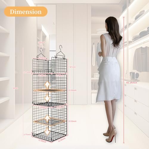 5 Tier Closet Hanging Organizer and Storage Separable Hanging Closet Shelves with 4 Hooks 2 Adjustable Dividers, Wire Storage Basket Bins for Clothing Sweaters Socks Dolls Handbags, Foldable