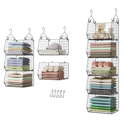 5 Tier Closet Hanging Organizer, Clothes Hanging Shelves with 4 Hanging Hooks 5 S Hooks, Wire Storage Basket Bins, for Clothing Sweaters Shoes Handbags Clutches Accessories Patent Design
