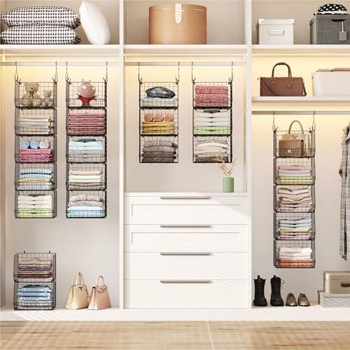 5 Tier Closet Hanging Organizer, Clothes Hanging Shelves with 4 Hanging Hooks 5 S Hooks, Wire Storage Basket Bins, for Clothing Sweaters Shoes Handbags Clutches Accessories Patent Design