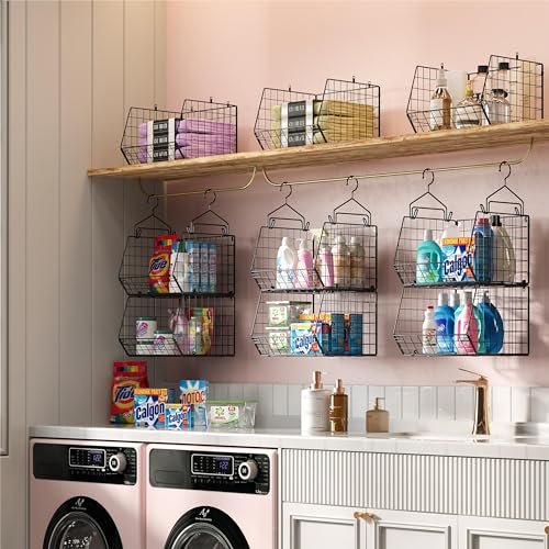 5 Tier Closet Hanging Organizer, Clothes Hanging Shelves with 4 Hanging Hooks 5 S Hooks, Wire Storage Basket Bins, for Clothing Sweaters Shoes Handbags Clutches Accessories Patent Design
