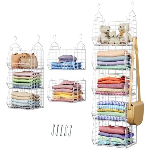 5 Tier Closet Hanging Organizer, Clothes Hanging Shelves with 4 Hanging Hooks 5 S Hooks, Wire Storage Basket Bins, for Clothing Sweaters Shoes Handbags Clutches Accessories Patent Design-White