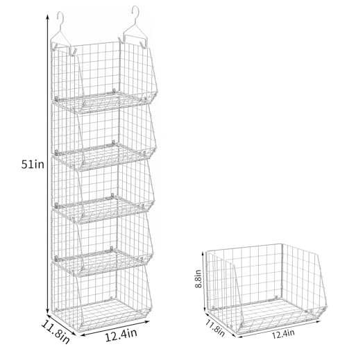 5 Tier Closet Hanging Organizer, Clothes Hanging Shelves with 4 Hanging Hooks 5 S Hooks, Wire Storage Basket Bins, for Clothing Sweaters Shoes Handbags Clutches Accessories Patent Design-White