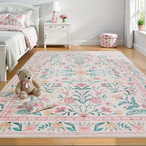 5x7 Nursery Rug,Pink Rugs for Bedroom Girls,Machine Washable Non Slip Soft Faux Wool Carpet,Boho Floral Area Rugs for Living Room Bedroom Dorm Kids
