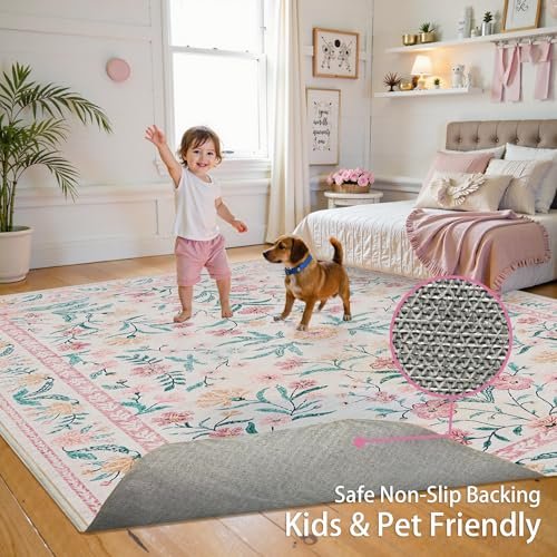 5x7 Nursery Rug,Pink Rugs for Bedroom Girls,Machine Washable Non Slip Soft Faux Wool Carpet,Boho Floral Area Rugs for Living Room Bedroom Dorm Kids