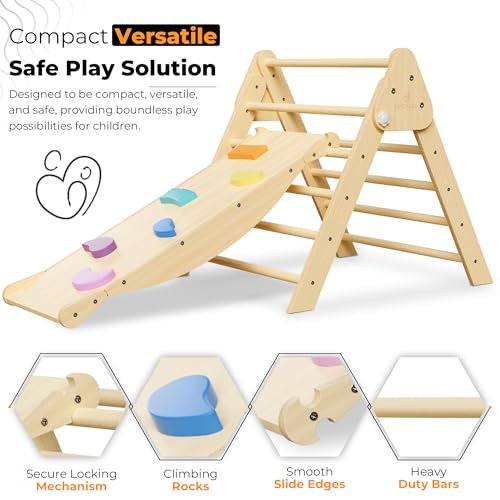 6 in 1 Toddler Climbing Toys Indoor - Safe Montessori Climbing Set with Foldable Pikler Triangle Ladder, Reversible Baby Climber Indoor Gym Rock, Kids Climbing Toys - Toddler Indoor Playground