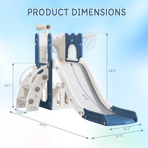 6 in 1 Toddler Slide for Toddler Age 1-3,Kids Climber Slider for Indoor Outdoor Playground with Basketball Hoop,Storage and Telescope,L Shaped Slide for Toddler Climber Playset