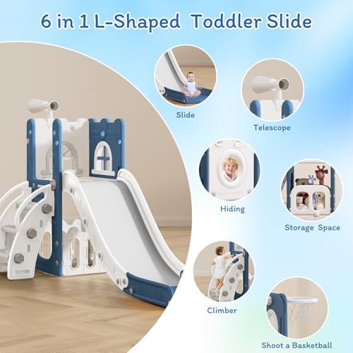 6 in 1 Toddler Slide for Toddler Age 1-3,Kids Climber Slider for Indoor Outdoor Playground with Basketball Hoop,Storage and Telescope,L Shaped Slide for Toddler Climber Playset