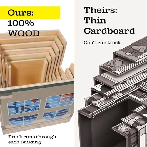 6 Wooden Stacking City Buildings - Nesting Community Helpers Building Boxes - Wood Sorting Cubes Town Play Set for Mats, Toy Cars and Trains - Educational Preschool Track Accessories Learning Toddler