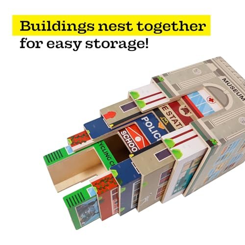 6 Wooden Stacking City Buildings - Nesting Community Helpers Building Boxes - Wood Sorting Cubes Town Play Set for Mats, Toy Cars and Trains - Educational Preschool Track Accessories Learning Toddler